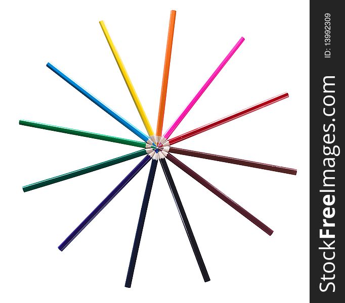 Colored pencils forming a color circle. White background. Colored pencils forming a color circle. White background.