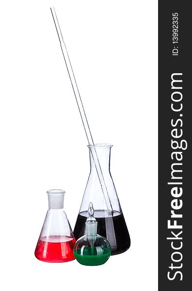 Chemical flasks with colored liquid & powder on a white background