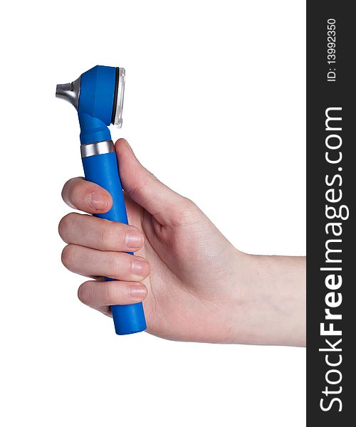 Blue otoscope in hand isolated on white background