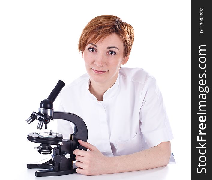 Scientist work with microscope isolated on white background. Scientist work with microscope isolated on white background