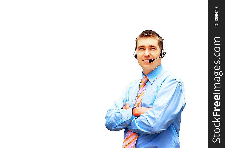 Happiness businessman in headphoness on the white background