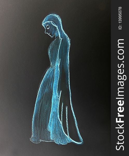 A girl drawn with blue chalk
