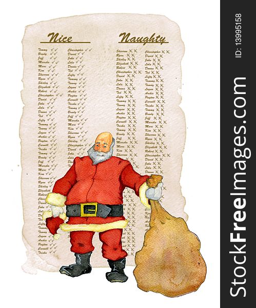 This is a watercolor illustration of Santa with his naughty and nice list as the background. This is a watercolor illustration of Santa with his naughty and nice list as the background