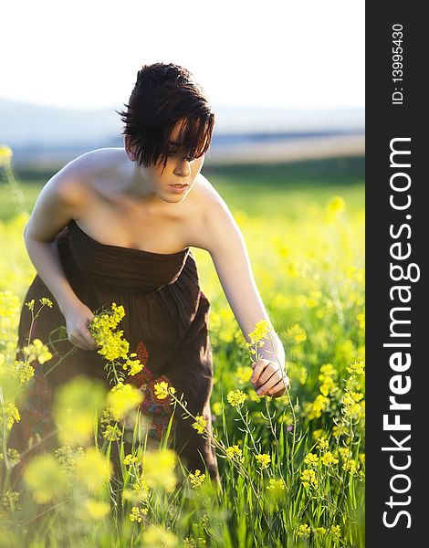 Young beautiful girl collecting yellow flowers.