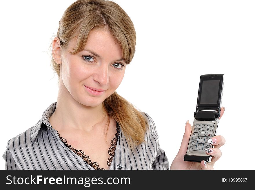 Beautiful woman with phone, on a white background
