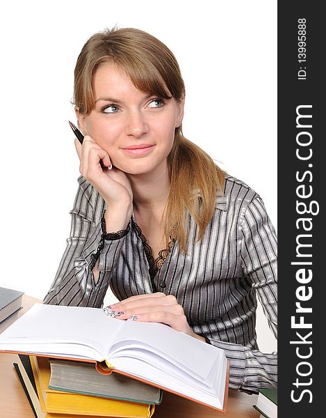 Woman with  books on  table