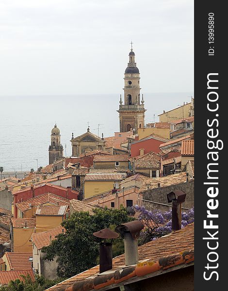View over church in the old town of Menton