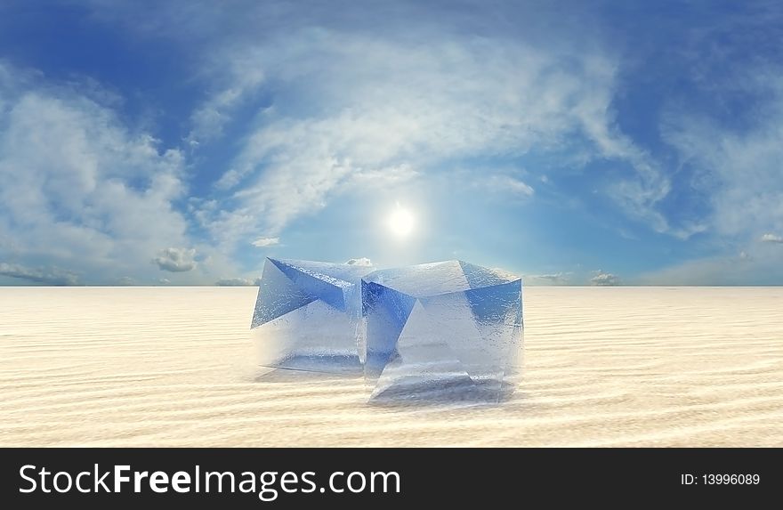 Ice cubes in desert thaw on the sun. 3D an illustration. Ice cubes in desert thaw on the sun. 3D an illustration