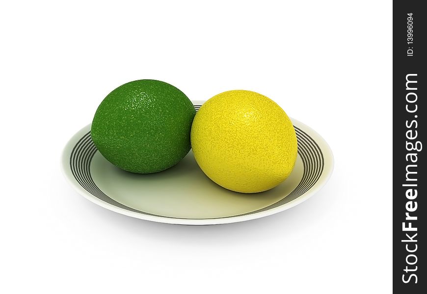 Yellow and green lemon on plates. 3D an illustration