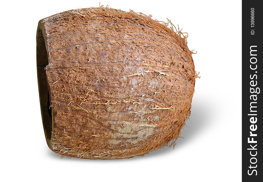 Cracked brown coconut isolated over white background. Cracked brown coconut isolated over white background