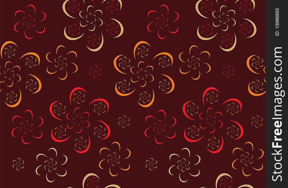 Seamless background in yellow, red and orange colors made of complex shapes that look like stylized flowers. Seamless background in yellow, red and orange colors made of complex shapes that look like stylized flowers.
