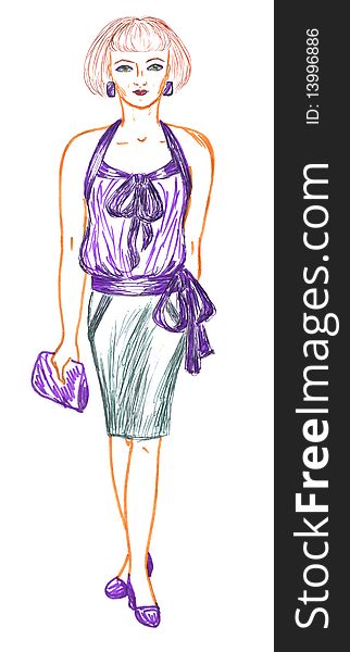Posing fashionable woman in blouse and skirt, sketch, colored drawing. Posing fashionable woman in blouse and skirt, sketch, colored drawing