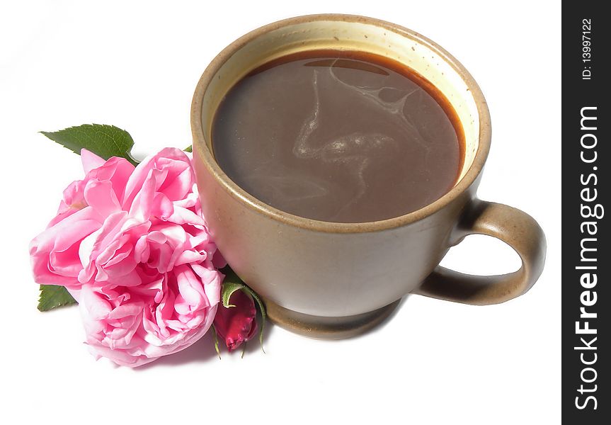 A cup of coffee and a pink rose isolated on white background