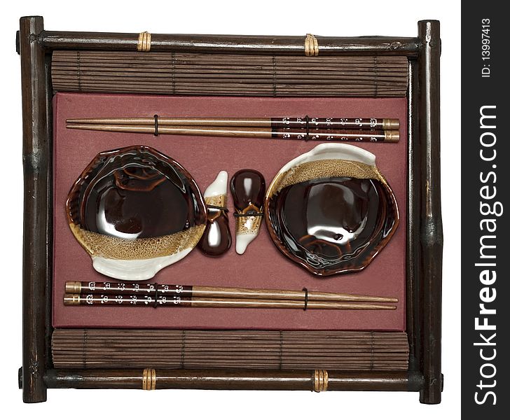 Set for sushi for two in bamboo decorative box