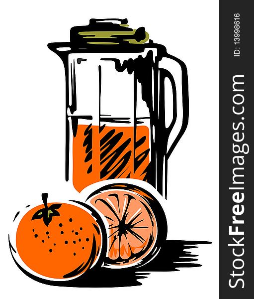 Stylized jug of juice  with orange isolated on a white background. Stylized jug of juice  with orange isolated on a white background.