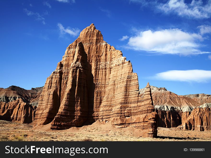 View of the red rock formations in Capitol Reef National Park with blue sky�s and clouds