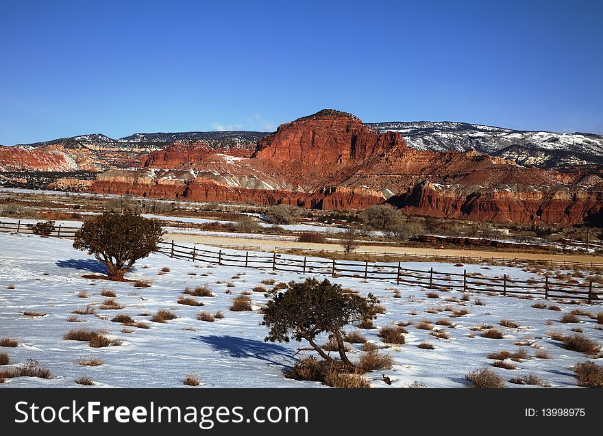 View of the red rock formations in Capitol Reef National Park with blue sky�s and cloudse