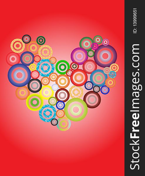 Colorful heart made from circles on red background