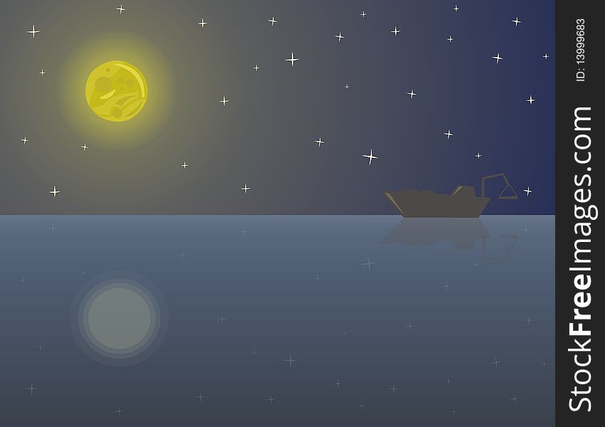 Above the sea shining moon. And on the horizon is the ship. Above the sea shining moon. And on the horizon is the ship.