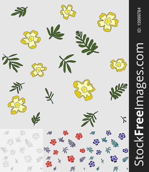 Seamless pattern with flowers and leaves. There are four colored version.