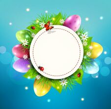 Vector For Easter With A Round Card For Text, Eggs, Grass And Flowers Around On A Background Of Blue Sky Royalty Free Stock Photo Vector For Easter With A Round Card For Text, Eggs, Grass And Flowers Around On A Background Of Blue Sky Royalty Free Stock Photo