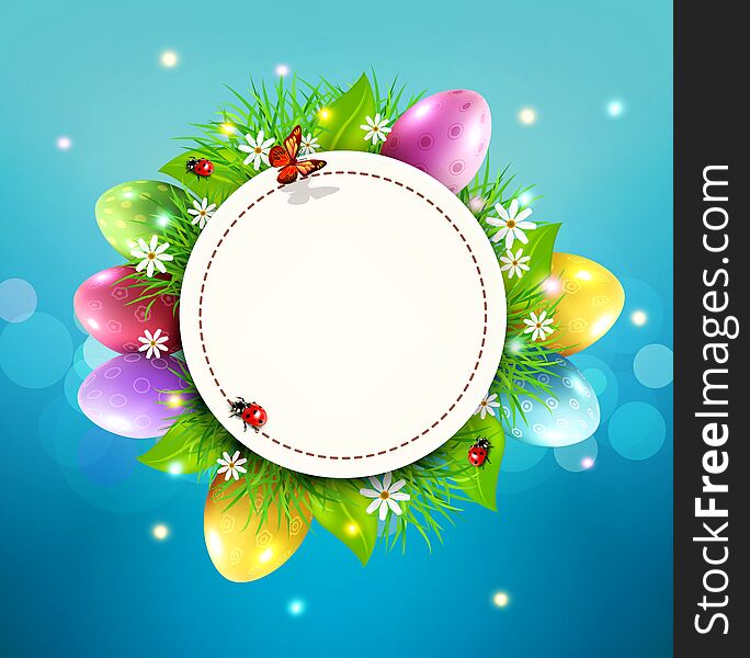 The vector for Easter with a round card for text, eggs, grass and flowers around on a background of blue sky