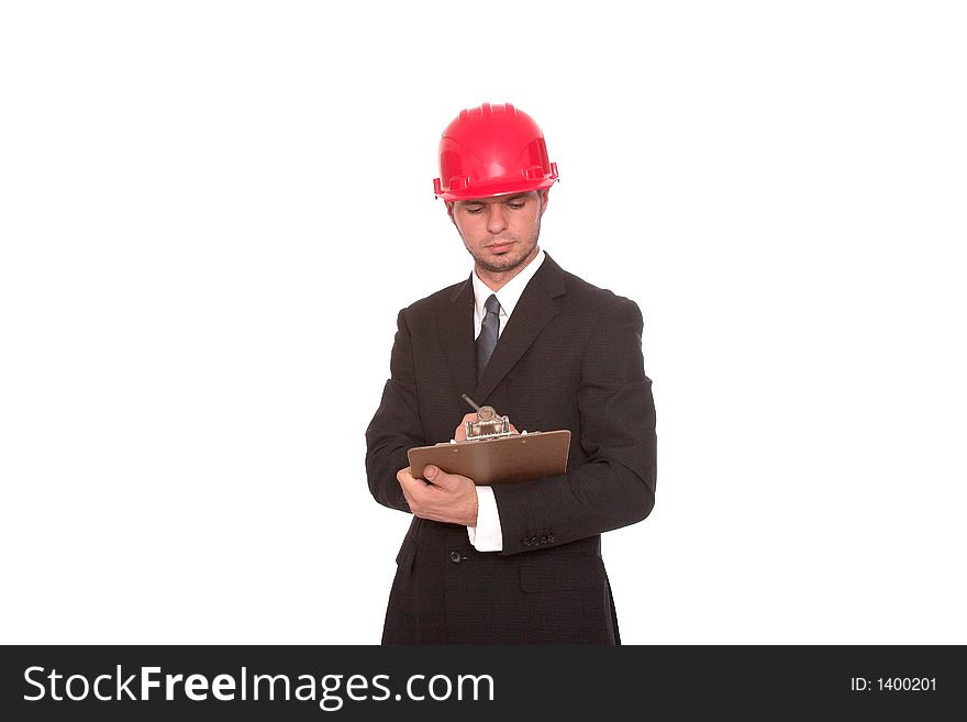 Architect writing on a clipboard,isolated. Architect writing on a clipboard,isolated