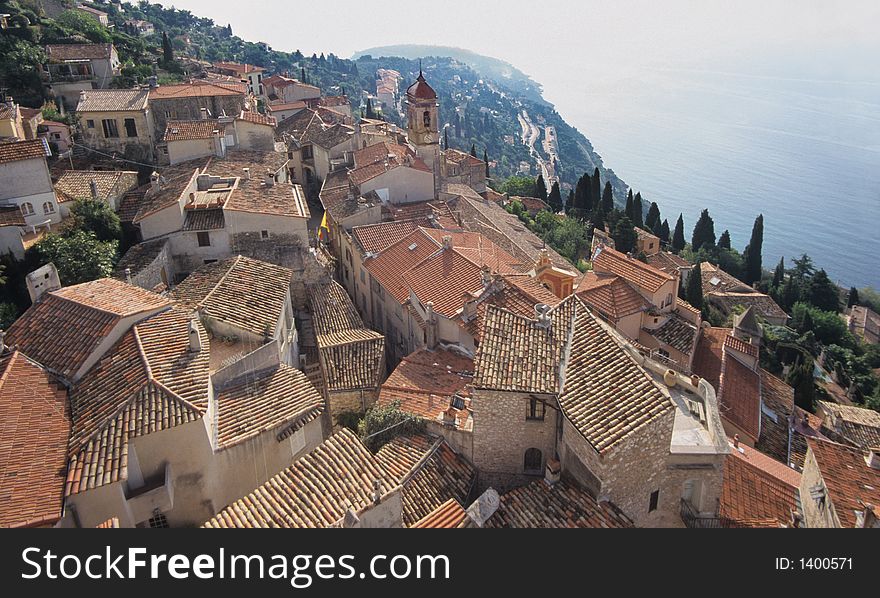 Roquebrune, a picturesque antique perched village of french riviera with its bell tower, its roofs of roman tiles, its cypress, its unique view on the sea