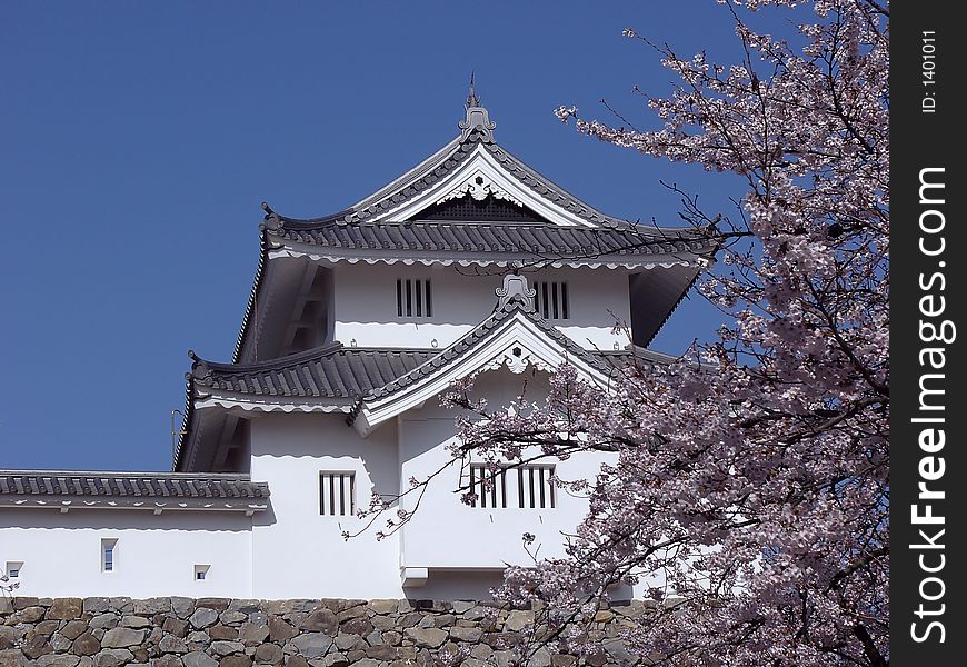 Japanese castle in Kofu, Yamanashi prefecture in spring-time with blossom cherry (sakura) branches. Japanese castle in Kofu, Yamanashi prefecture in spring-time with blossom cherry (sakura) branches