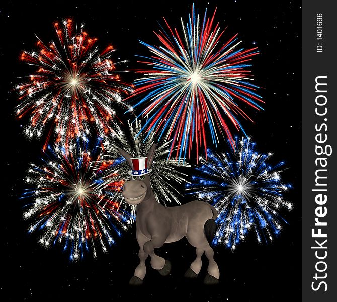 Political Donkey with a backdrop of fireworks over a starry sky. Political Donkey with a backdrop of fireworks over a starry sky.