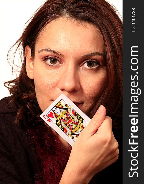 Good looking woman showing a dame card. Good looking woman showing a dame card