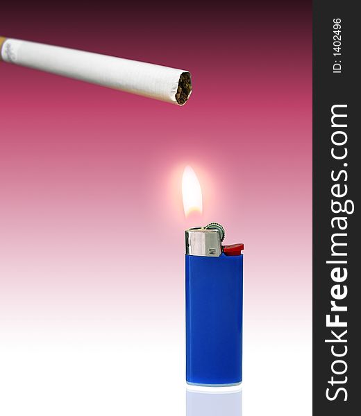 Blue lighter lighting up a cigarette.