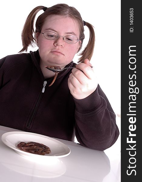 A woman eating worms. White background.