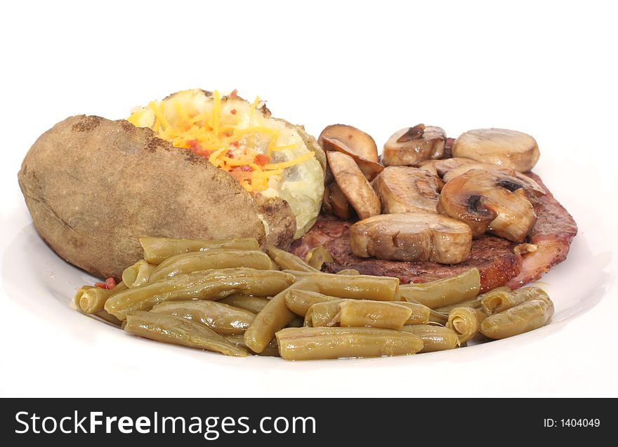 Steak With Mushrooms, Green Beans and Baked Potato. Steak With Mushrooms, Green Beans and Baked Potato
