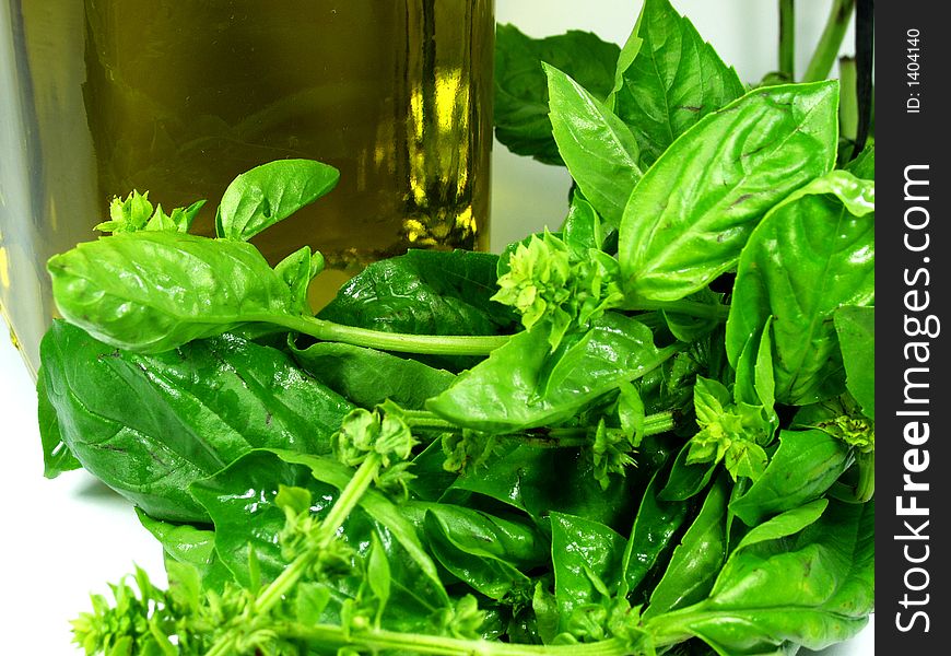 Green fresh basil leaves and a bottle of olive oil