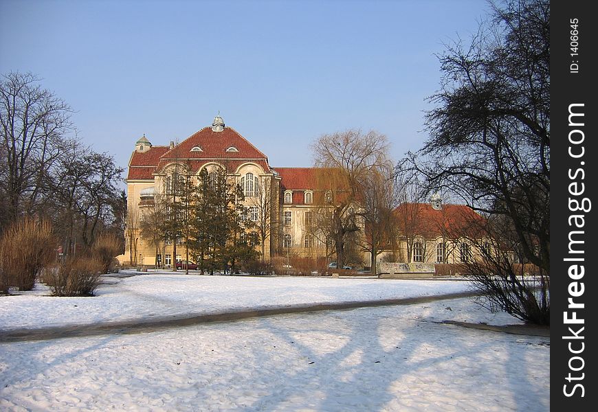 View of school near to trees in winter. View of school near to trees in winter.