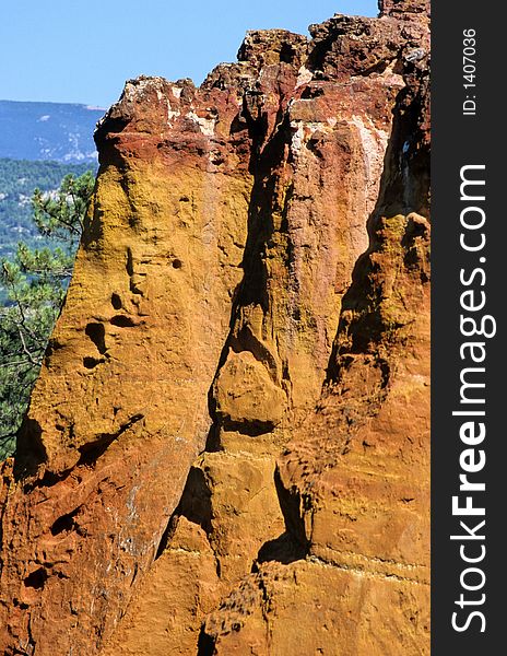 View of ochre clay cliffs of Roussillon in Provence, France