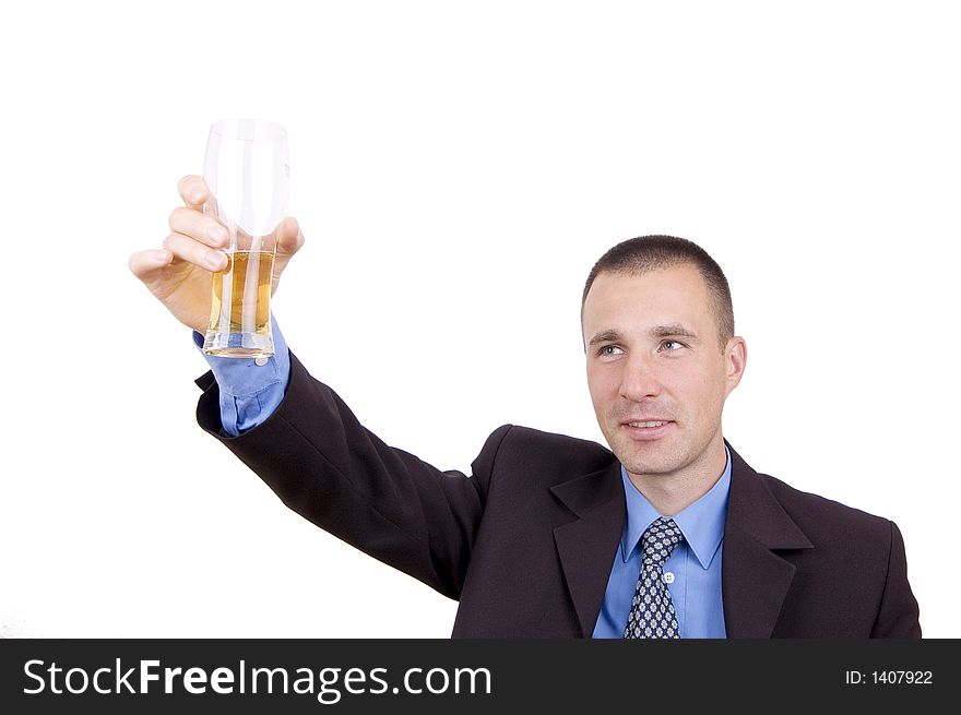 Business man with a lot of happiness and a glass with beer preparing for a toast isoalted on white