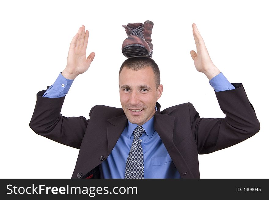 Young business man with a foot on head