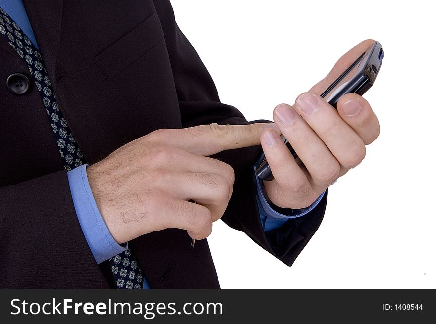 Business Man verify data on his personal minicomputer. Business Man verify data on his personal minicomputer