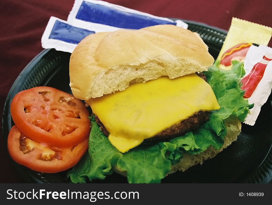 Cheeseburger, tomato, lettuce and 'generic' condiments. Cheeseburger, tomato, lettuce and 'generic' condiments