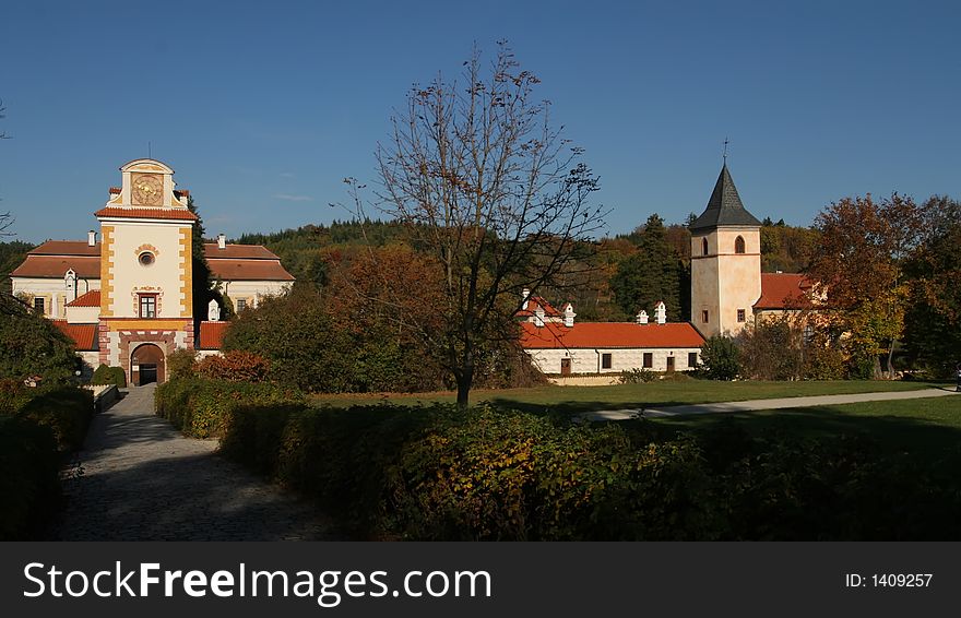 Provincial Renaissance chateau with church. Provincial Renaissance chateau with church