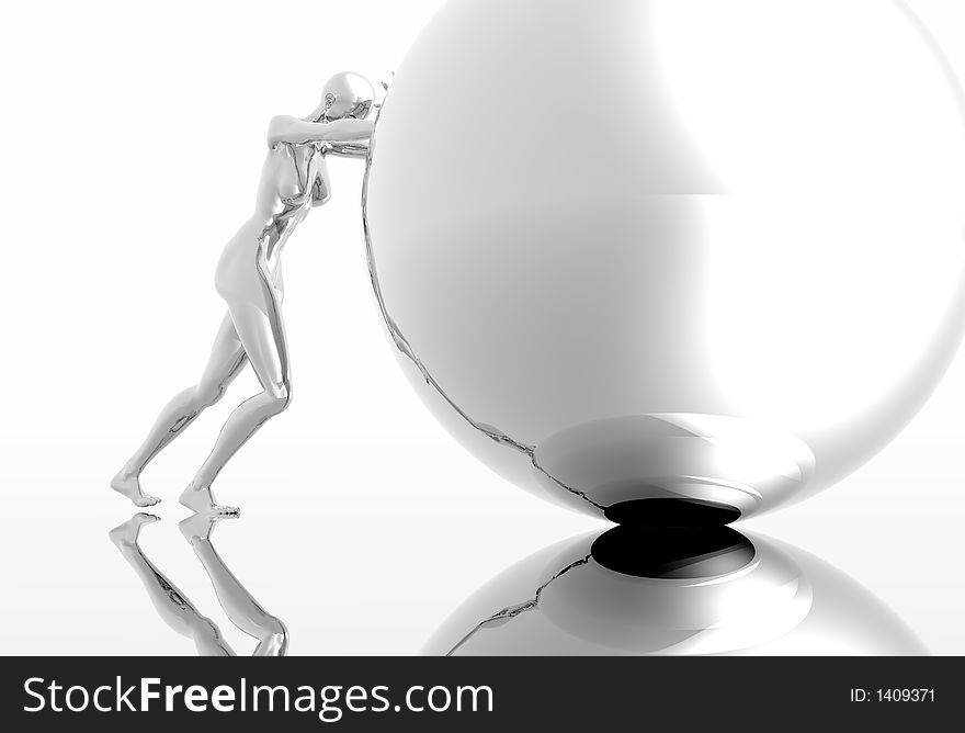 Platinum render on female figure pushing sphere. Platinum render on female figure pushing sphere