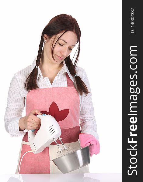 Beautiful housewife preparing with kitchen mixer on white  background