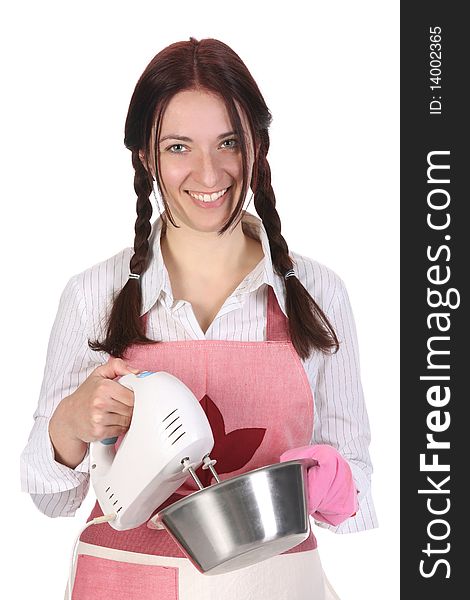 Beautiful housewife preparing with kitchen mixer on white background