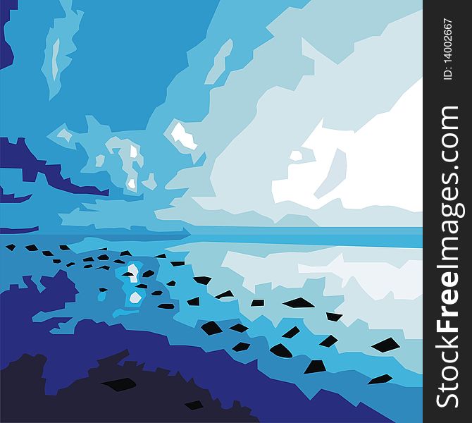Beautiful water landscape in blue gamma. Vector illustration.