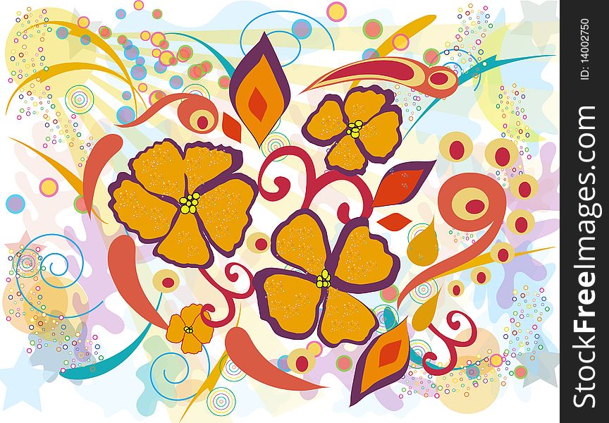 Flowers composition with floral and sun background, bright and colorful spring illustration. Flowers composition with floral and sun background, bright and colorful spring illustration.
