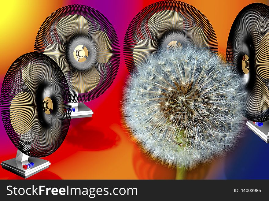 This is a photo of a dandelion, enclosed by four electric fans. The photo is useful for using as metaphors about risk and problems. This is a photo of a dandelion, enclosed by four electric fans. The photo is useful for using as metaphors about risk and problems.