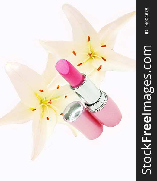 Red Lipstick With Lilies On Background