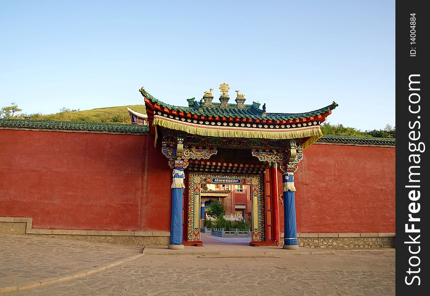 Monks bedroom door inside the temple in China, Qinghai. Monks bedroom door inside the temple in China, Qinghai